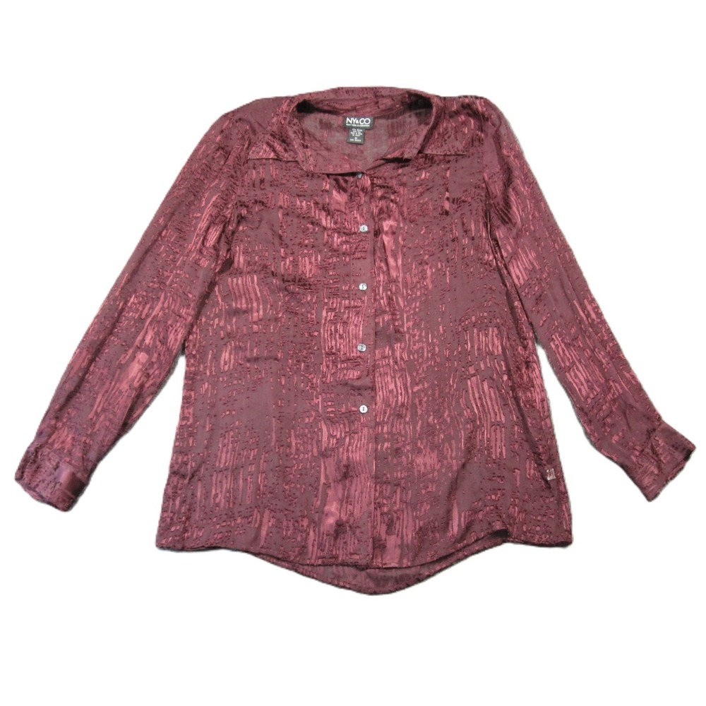 NY & CO Velvet Burnout Shirt M Burgundy Sheer Button Up Silk Whimsigoth Vamp 90s
